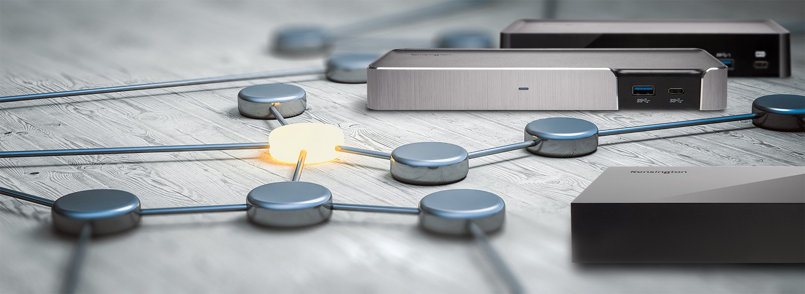 Close-up view of interconnected metallic nodes with cables, symbolizing a network.