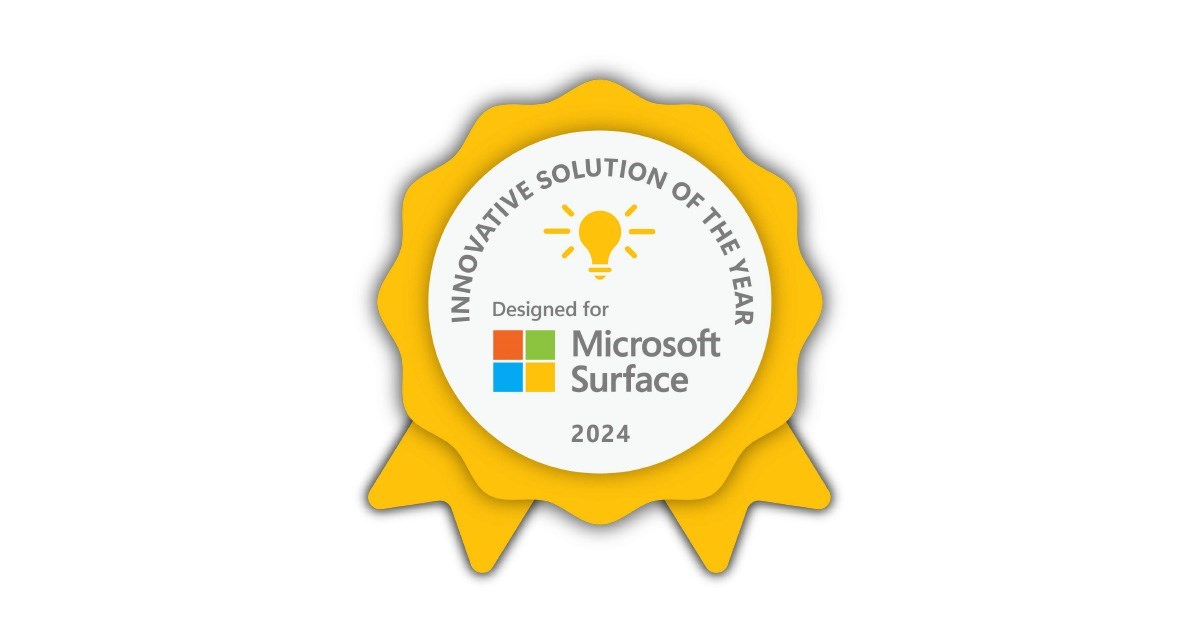 Yellow badge for 2024 Microsoft Surface Innovative Solution of the Year, with a glowing light bulb icon.
