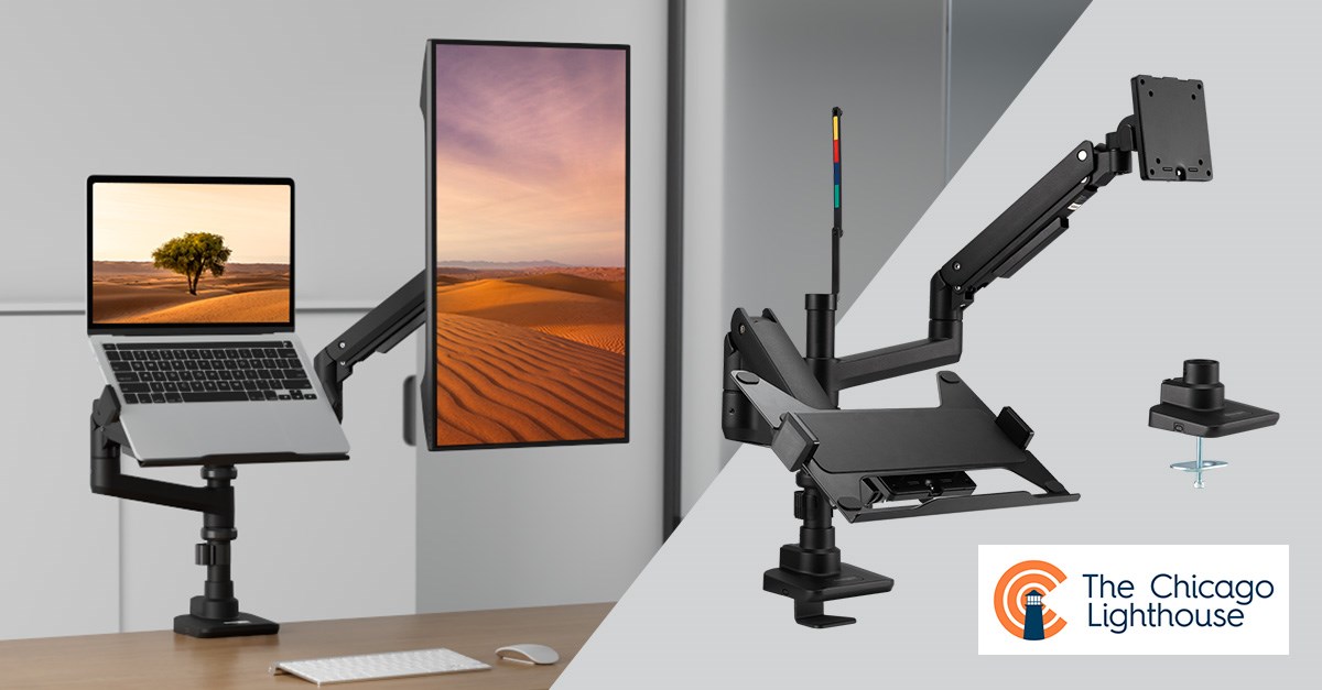 Kensington Dual monitor arm setup with vertical monitor and laptop tray, shown on a desk.