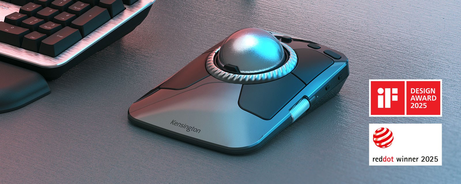 TB800 Trackball on desk with Red Dot 2025 Winner badge.