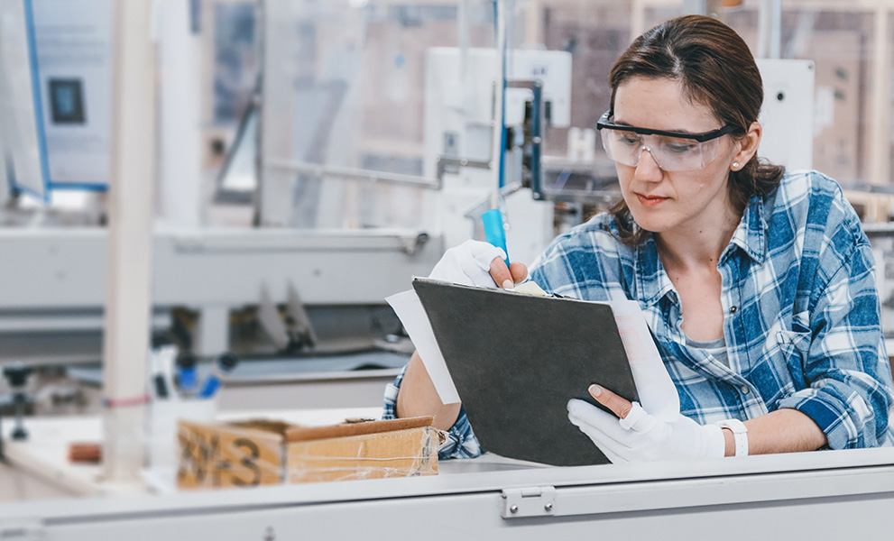 Woman evaluating and testing Kensington products