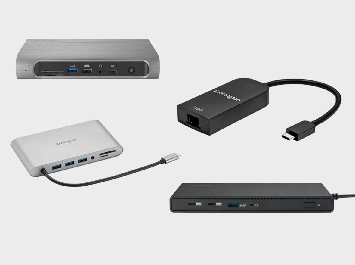 2 docking stations and 2 hubs on white background.