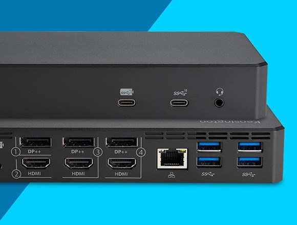 SD4790P USB-C® and USB-A Quad 4K Hybrid Docks on blue background.