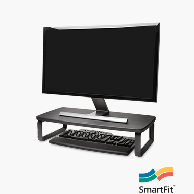 Ergonomic monitor stands with a close up of the Kensington SmartFit® Extra Wide Monitor Stand for up to 27” screens.