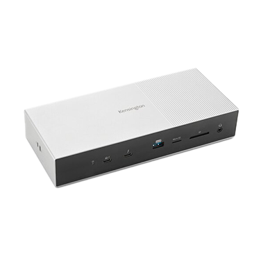 A Kensington docking station, a compact silver and black device with multiple connectivity ports.