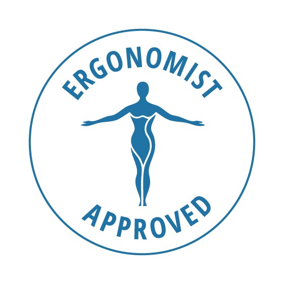 A circular blue logo with a human silhouette and the words Ergonomist Approved.