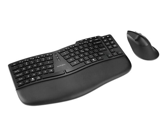 A black Kensington ergonomic keyboard and mouse set designed for comfort and wrist support.