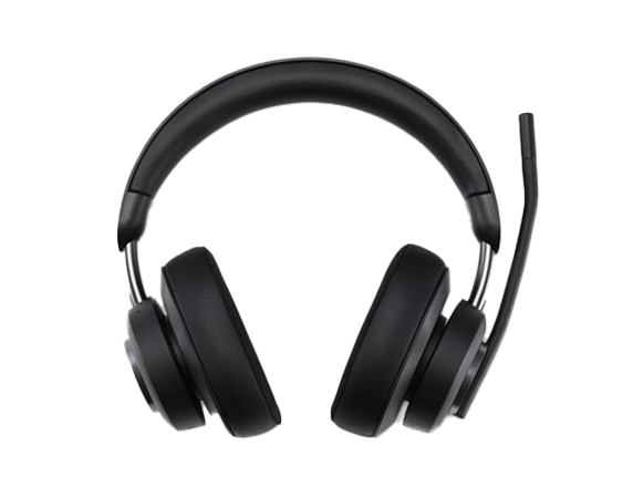 Black over-ear headset with cushioned ear pads and an adjustable boom microphone, designed for professional audio clarity and comfort during calls or virtual meetings.