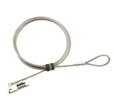 A Kensington security cable lock, a steel cable with a combination lock for securing devices..