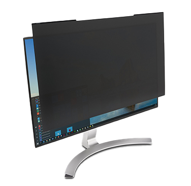 A computer monitor with a Kensington privacy filter applied, making the screen darkened from side angles to prevent unauthorized viewing.