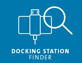 A blue icon featuring a dock illustration with a magnifying glass, with the text Docking Station Finder.