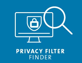 A blue icon featuring a computer screen with a lock symbol and a magnifying glass, with the text Privacy Filter Finder.