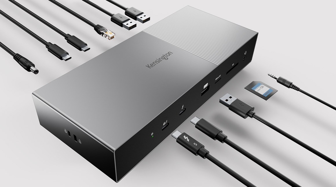 Image illustrating the 11 ports of connectivity available with the Kensington SD5000T5 EQ Thunderbolt 5 Docking Station, including connectivity cables and SD card.  